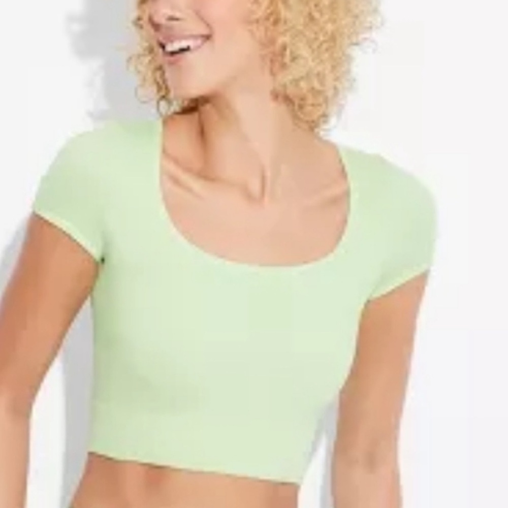 NWT Wild Fable Women's Short‎ Sleeve Square Neck Fitted Seamless top Green crop